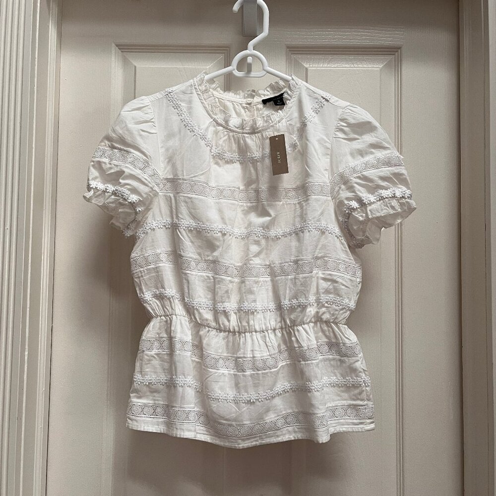 NEW! J. Crew (19.5β across) blouse with peplum waist, white lace on cream